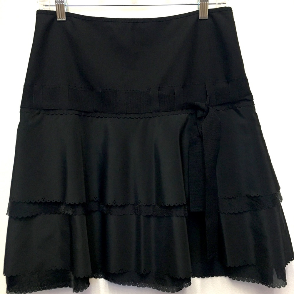 Elie Tahari A-line Tiered Knee Length Skirt 6 Black Party Formal Cocktail